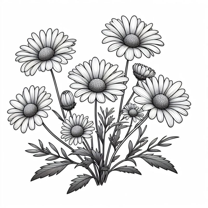 Desenho detalhado de margaridas estilizadas em preto e branco para colorir