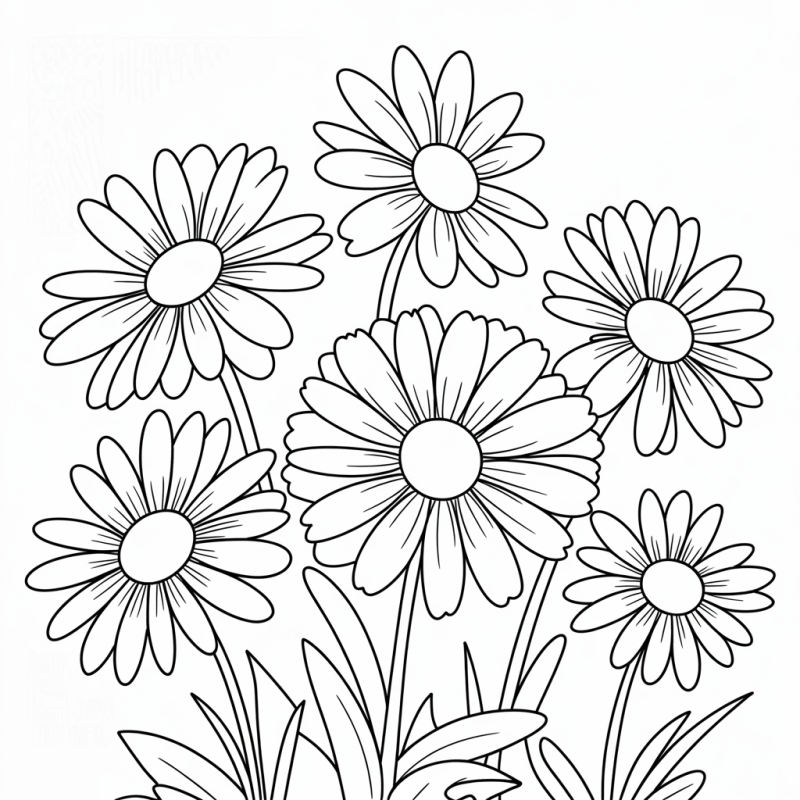 Desenho de flores margaridas com pétalas alongadas para colorir