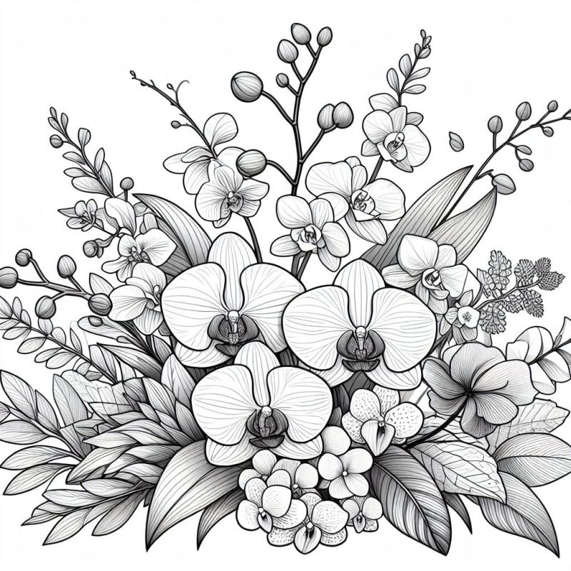 Desenho detalhado de orquídeas realistas para colorir