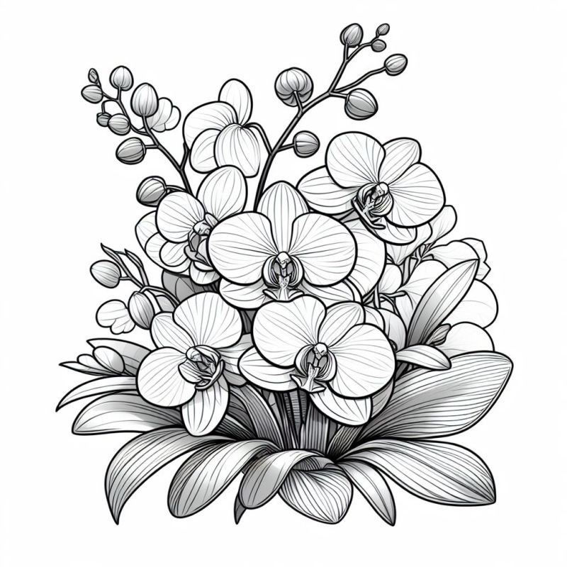 Desenho detalhado de orquídeas realistas para colorir