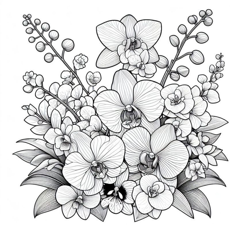 Desenho detalhado de orquídeas e folhagens para colorir