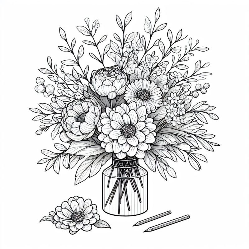Desenho de um bouquet de flores em um vaso de vidro para colorir