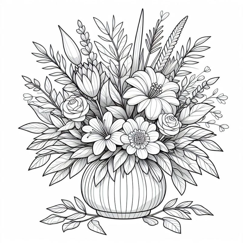 Arranjo de flores realistas em preto e branco para colorir