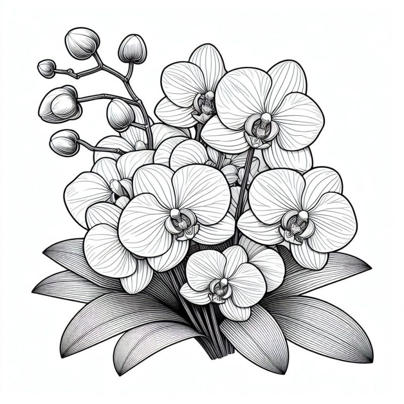 Desenho detalhado de orquídeas realistas para colorir