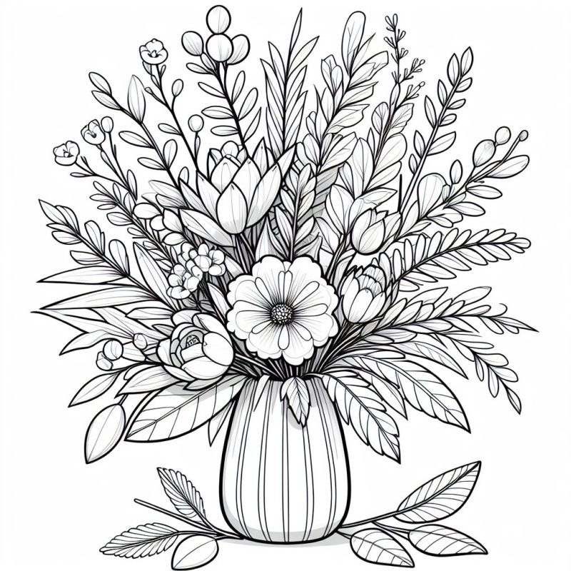 Desenho de vaso com flores e folhagens realistas para colorir