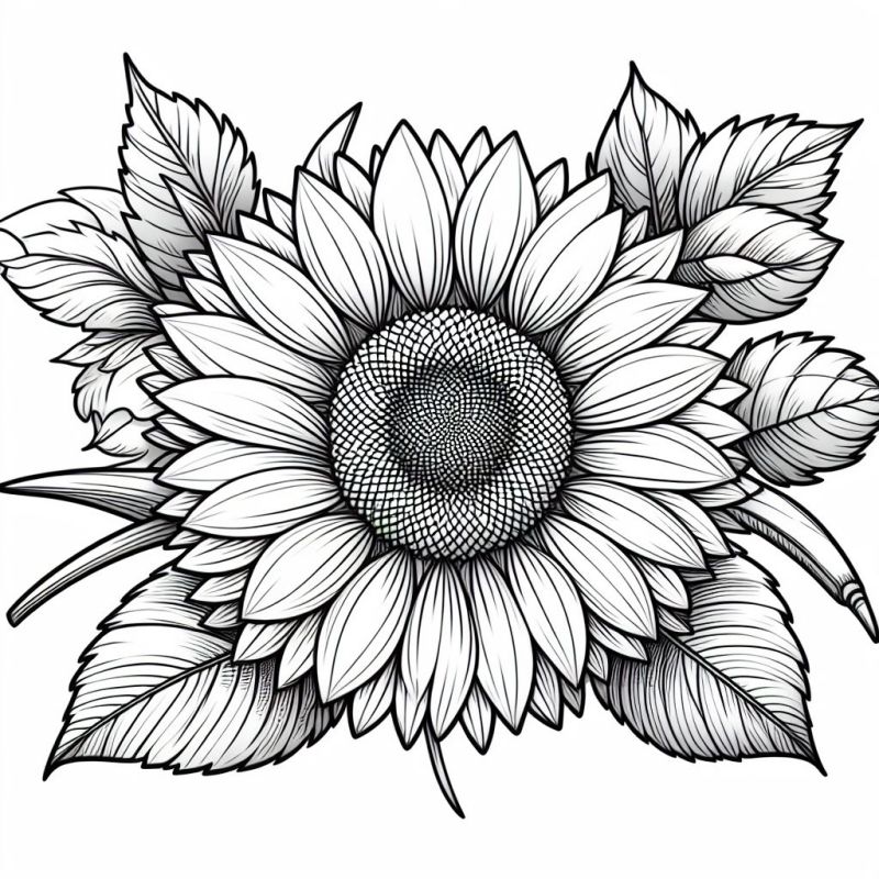 Desenho detalhado de girassol realista para colorir