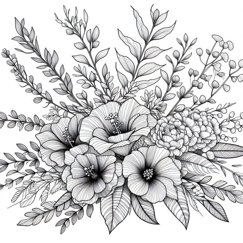 Desenho de arranjo floral realista em preto e branco para colorir