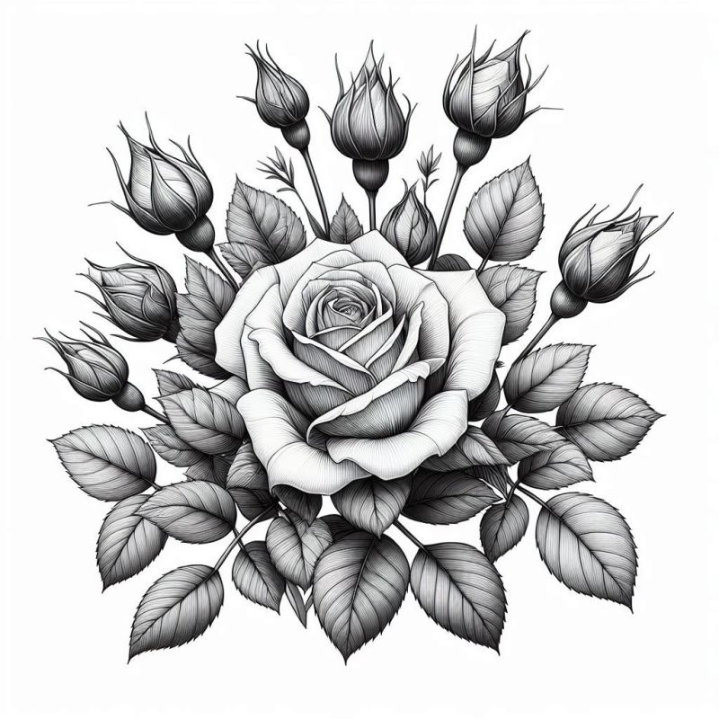 Rosa Realista para Colorir com Detalhamento em Pétalas