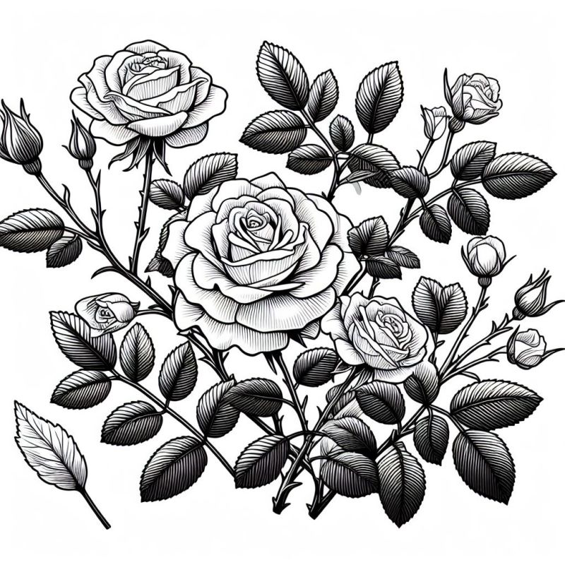 Desenho detalhado de rosas em diferentes estágios de abertura para colorir