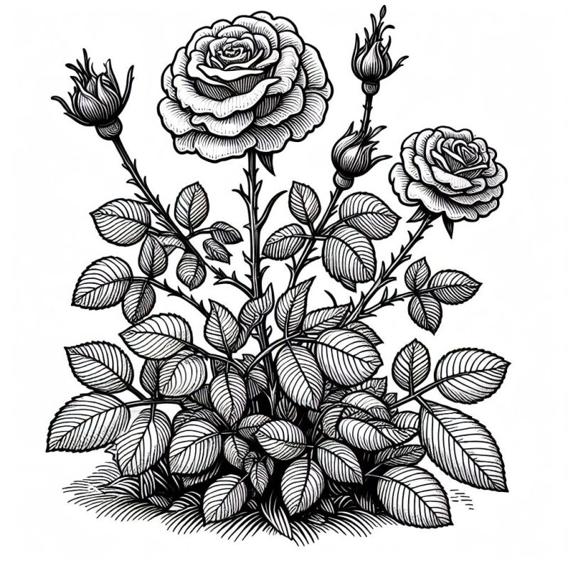 Desenho de três rosas realistas em diferentes estágios de abertura para colorir