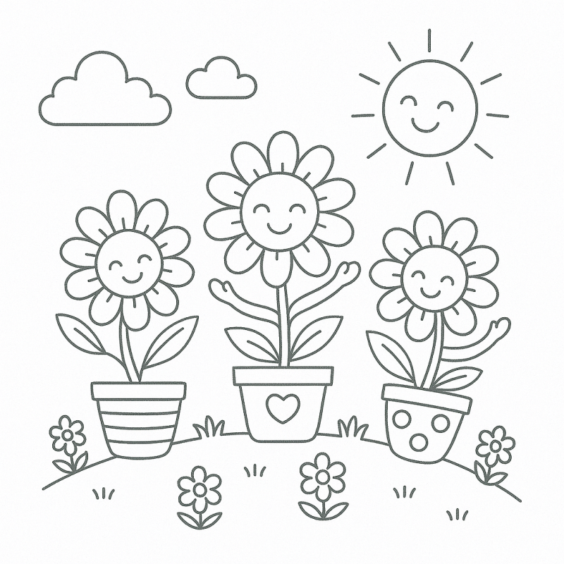 Desenho de flores sorridentes em vasos com sol e nuvens