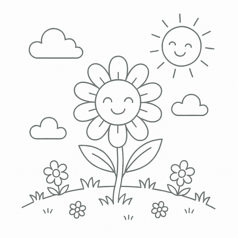 Flor alegre com rosto sorridente e sol entre nuvens