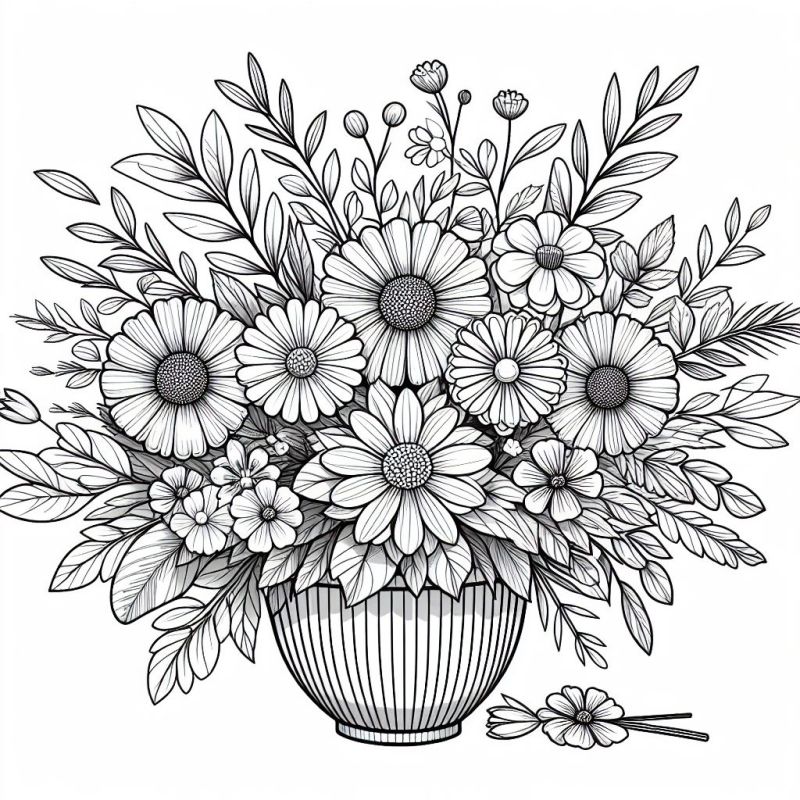 Desenho de um arranjo de flores detalhado em vaso clássico para colorir