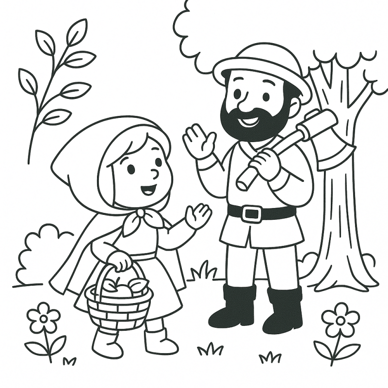 Chapeuzinho Vermelho e Lenhador sorrindo na floresta para colorir