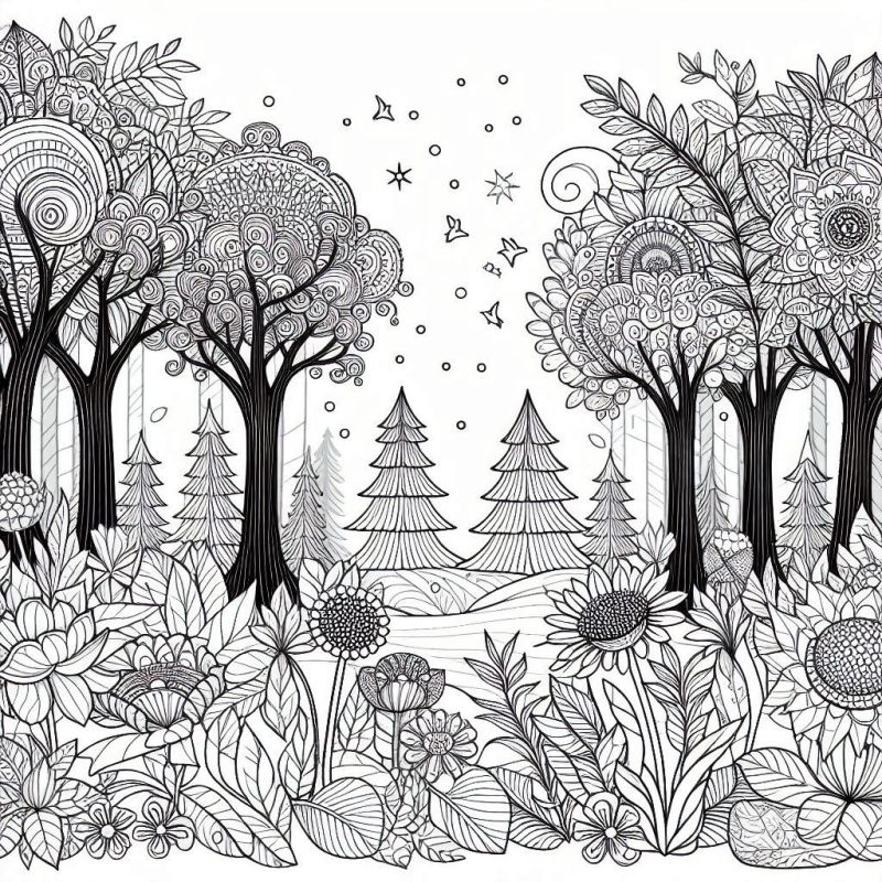 Desenho detalhado de uma floresta mágica ideal para colorir