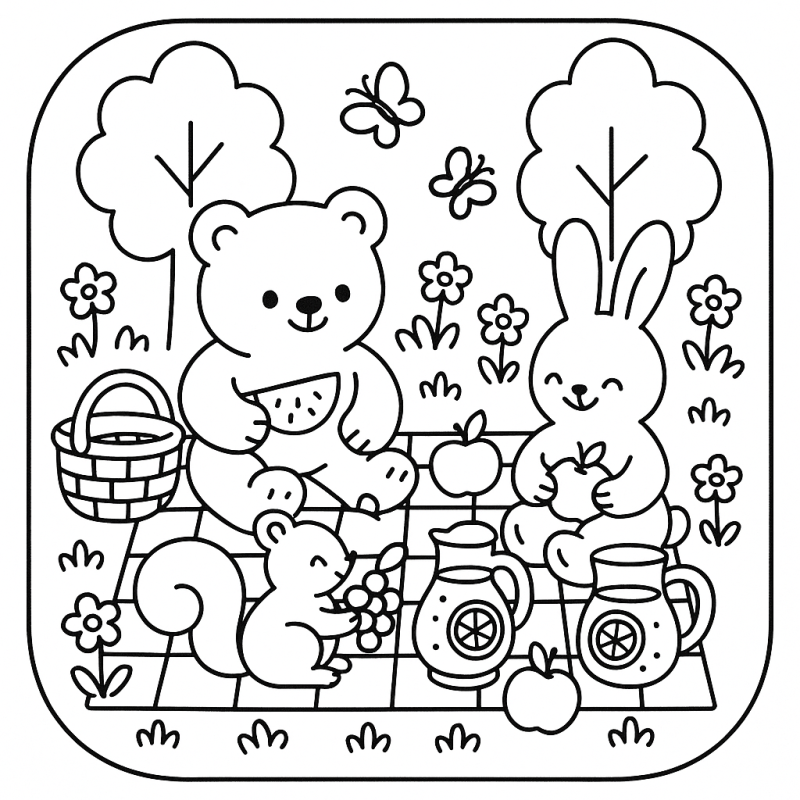 Colorir o Piquenique dos Amigos Adoráveis Desenho Boobie Goods de piquenique com urso, coelho e esquilo em estilo fofo para colorir