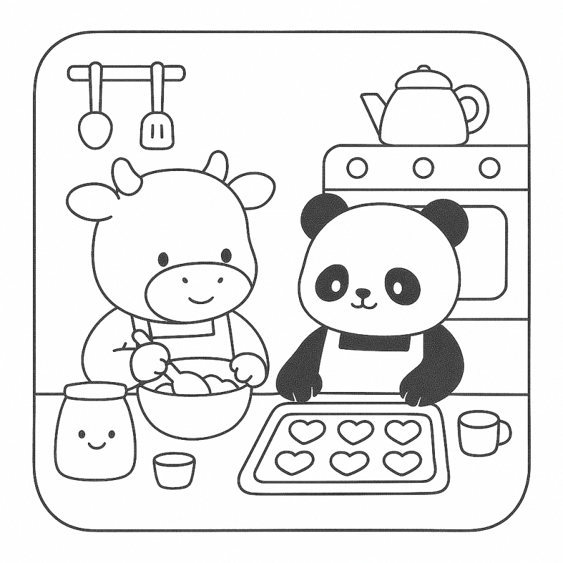 Desenho Boobie Goods de vaca e panda na cozinha, colorir é diversão!