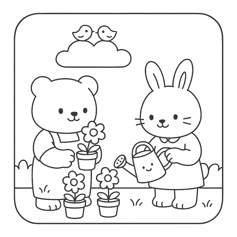 Desenho de urso e coelho no jardim para colorir, estilo Boobie Goods