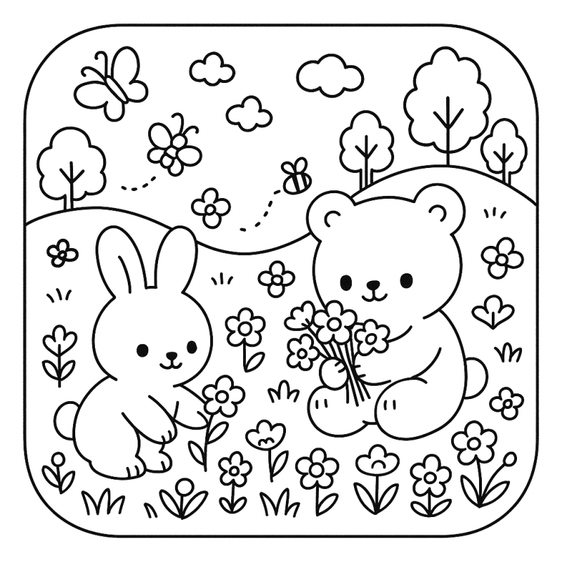 Cenário fofo com coelho e urso em campo florido para colorir