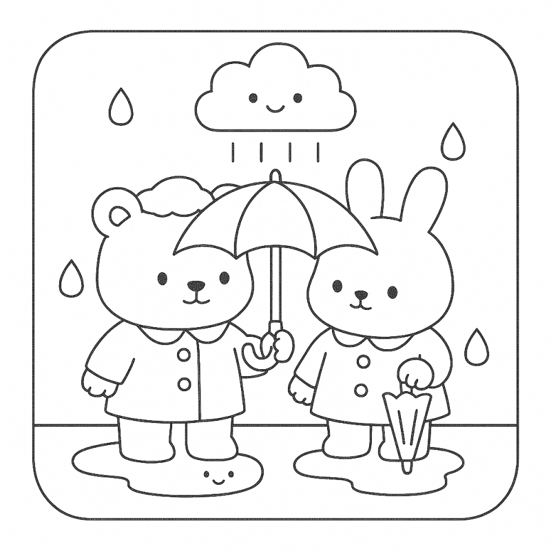 Urso e Coelho na Chuva - Desenho Boobie Goods para Colorir
