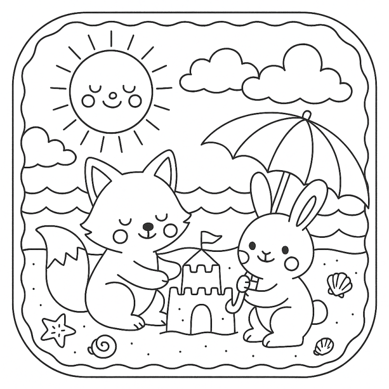 Cena divertida de raposo e coelho na praia para colorir