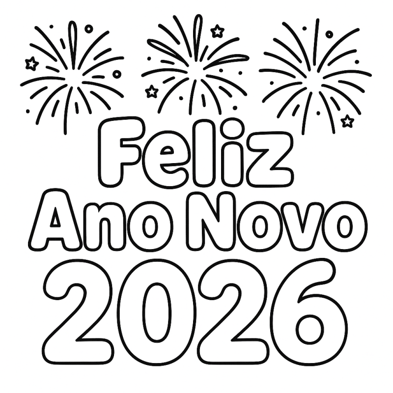 Desenho de fogos de artifício e Feliz Ano Novo 2026 para colorir