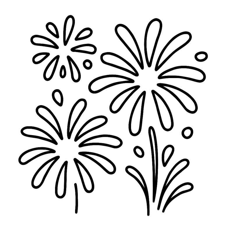 Desenho de fogos de artifício estilizados para colorir, ideal para Ano Novo de 2026.