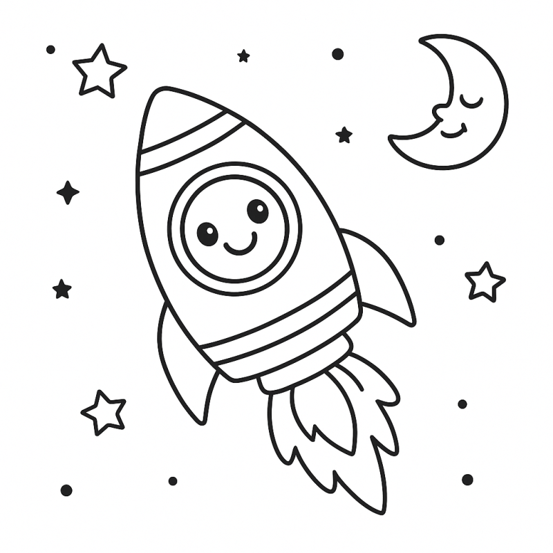 Foguete Sorridente no Espaço para Colorir