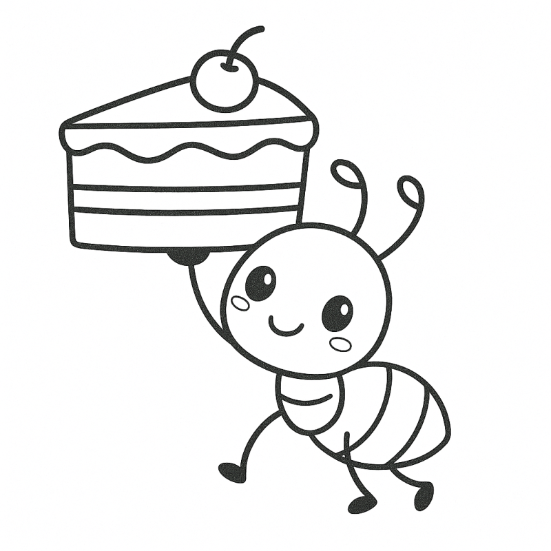 Desenho de uma formiga alegre com um bolo, perfeito para colorir.