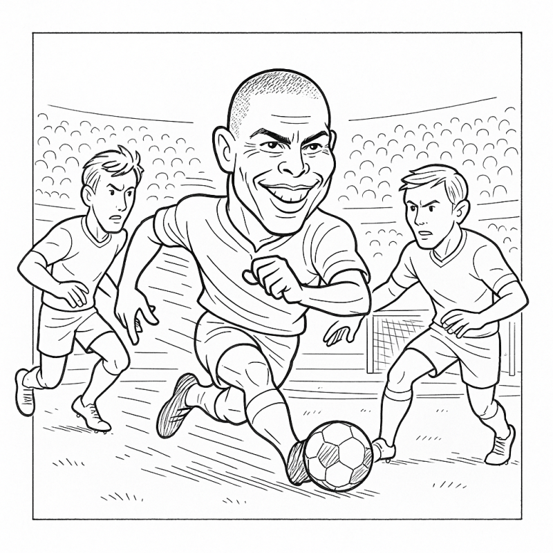 Ronaldo Fenômeno driblando com habilidade para colorir