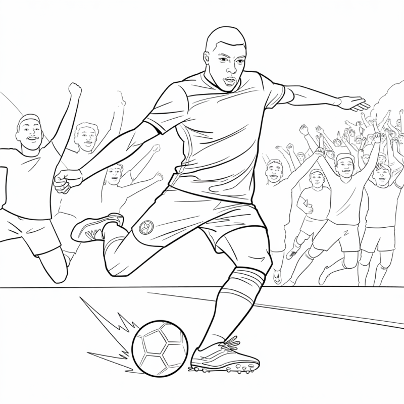 Desenho para colorir de Kylian Mbappé chutando a bola durante jogo de futebol