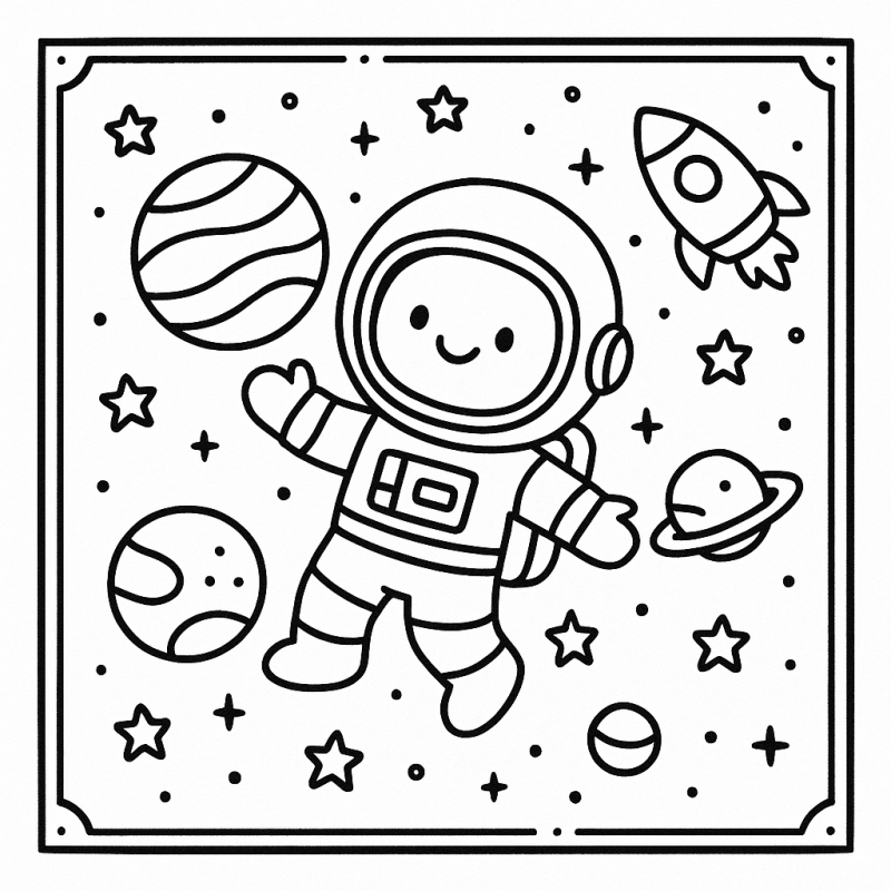Astronauta Alegre e Universo para Colorir