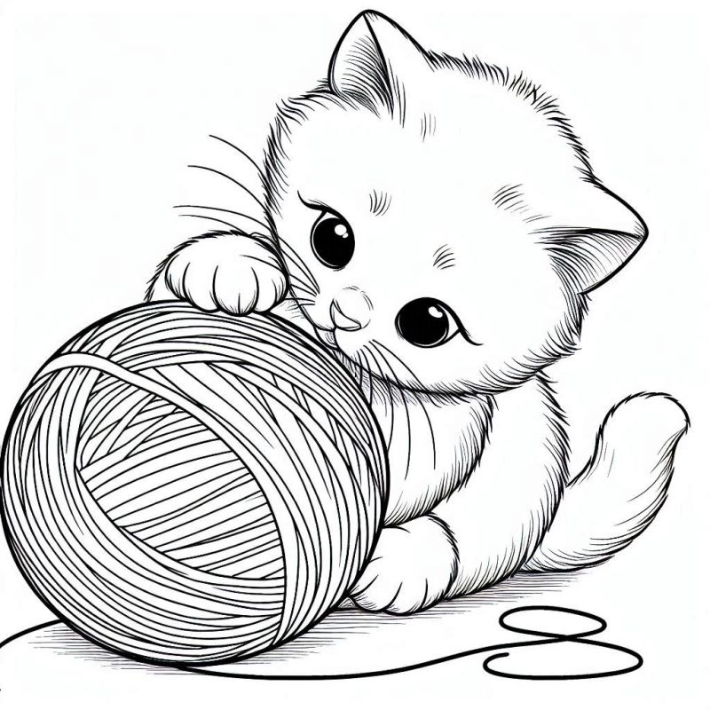 Desenho de gatinho fofo com novelo de lã para colorir