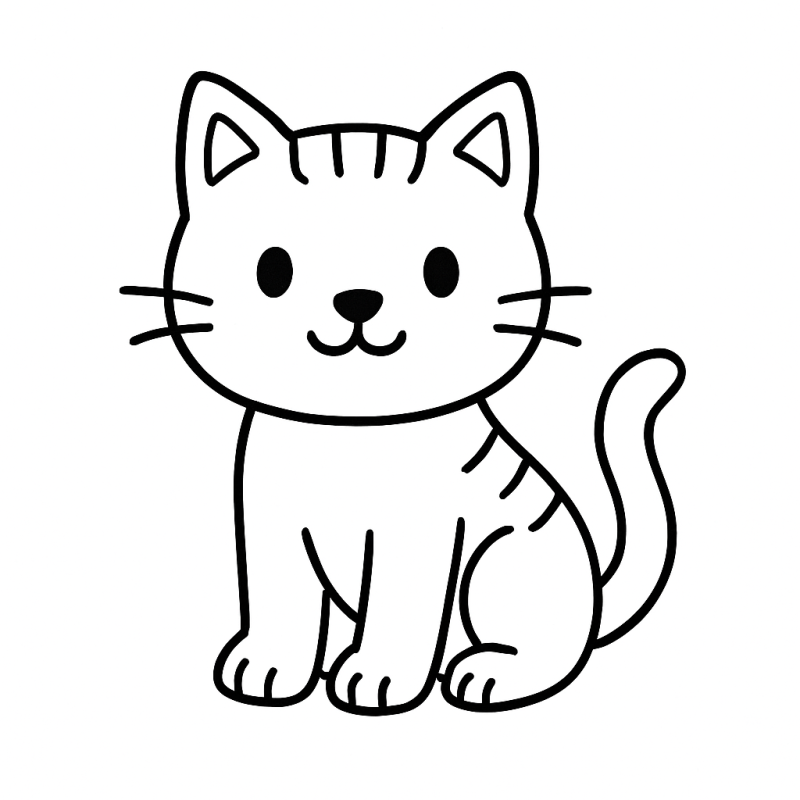Desenho de um gatinho sentado e sorridente, perfeito para crianças colorirem.