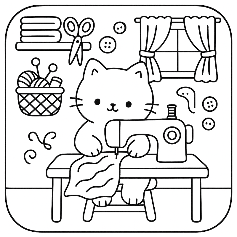 Desenho de um gatinho fofo costurando, em estilo Boobie Goods para colorir