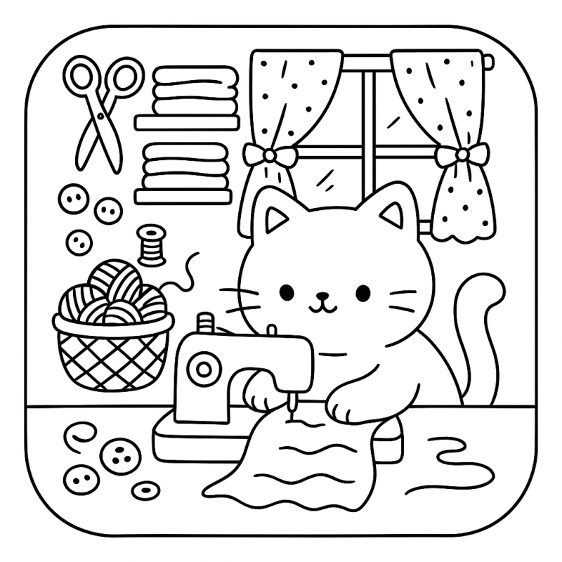 Gatinho em oficina de costura com novelos de lã e botões, estilo boobie goods.