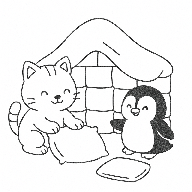Desenho de Cozy Friends com gatinho sorridente e pinguim em frente a iglu