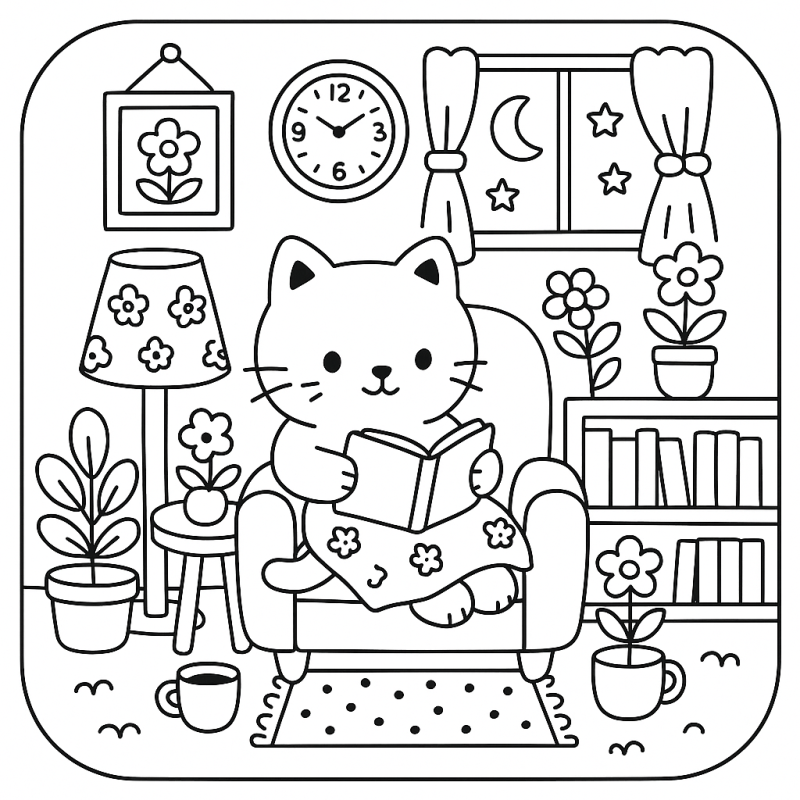 Gatinho fofo lendo na poltrona com manta floral e xícara no chão