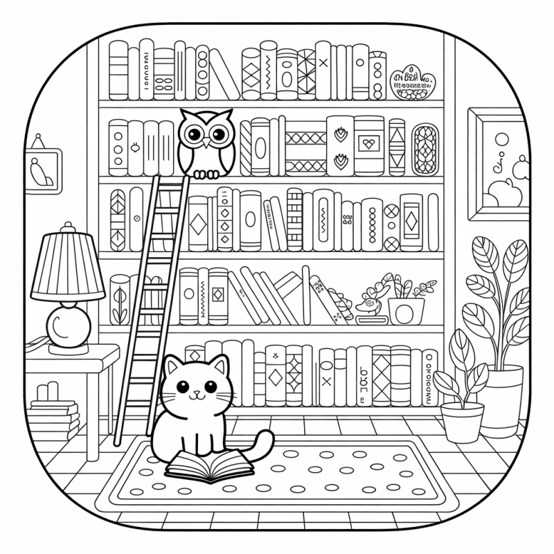 Gato Fofinho e Coruja na Biblioteca para Colorir Gato fofinho lendo livro e coruja na biblioteca para colorir