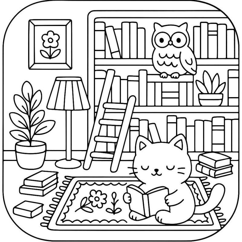 Gato Leitor e Biblioteca Encantada para Colorir Desenho de um gato lendo em uma biblioteca, estilo Boobie Goods.