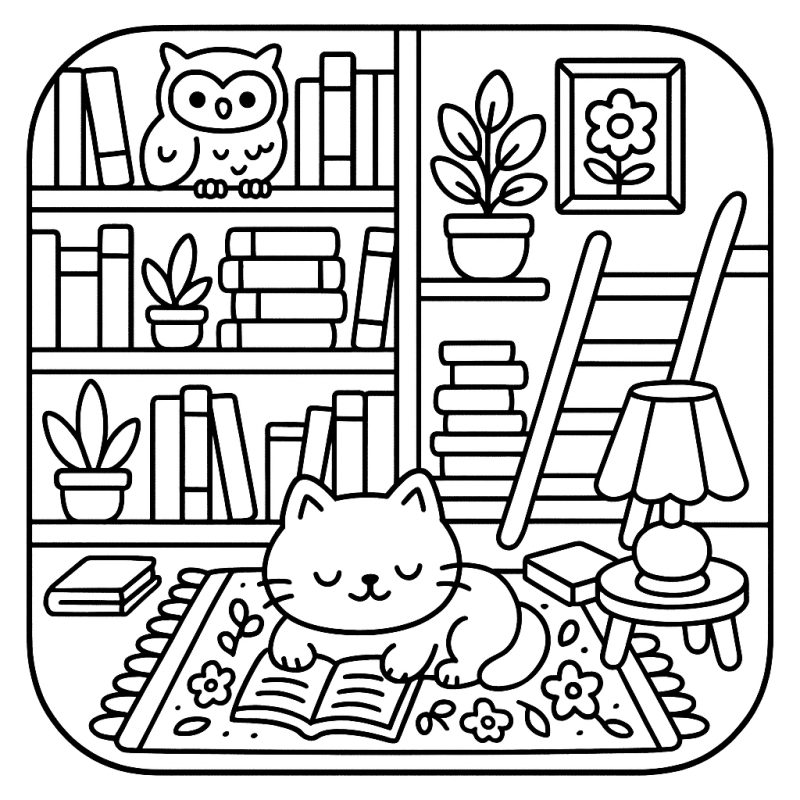 Gato Sereno em Biblioteca para Colorir Desenho para colorir de um gato sereno em uma biblioteca Boobie Goods