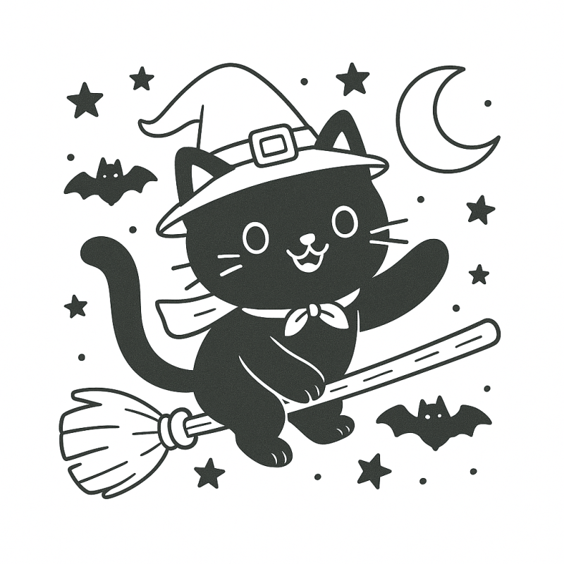 Desenho de Gato com Chapéu de Bruxa para Colorir Desenho de gato feliz com chapéu de bruxa voando em vassoura no Halloween