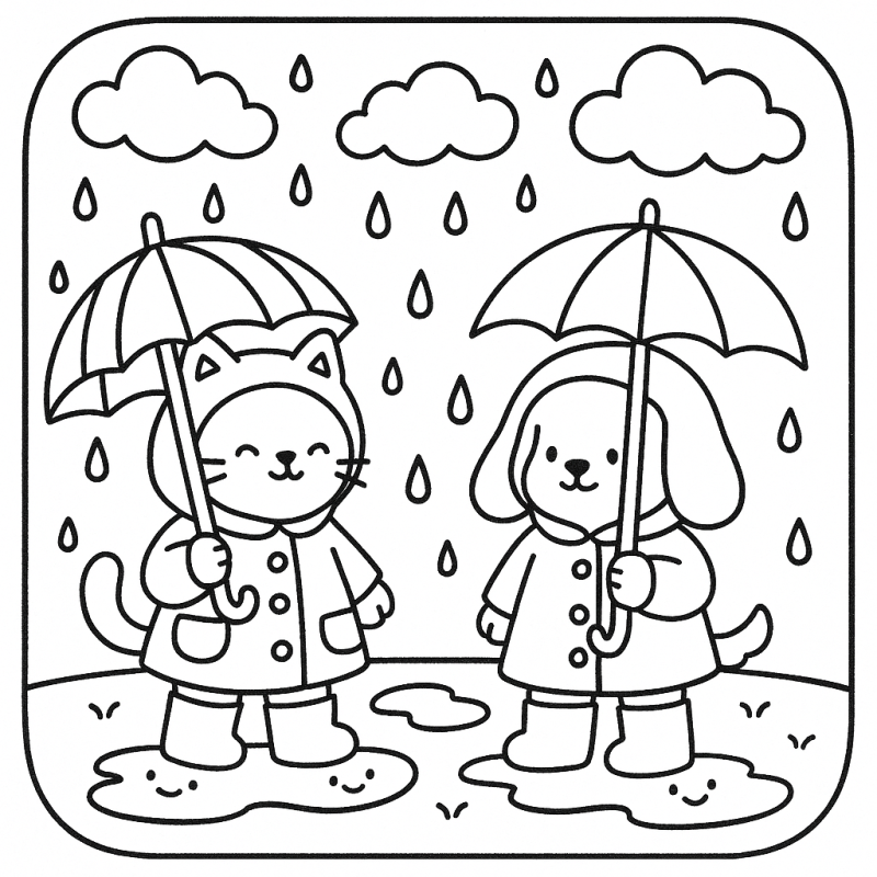 Desenho de gato e cachorro em dia chuvoso