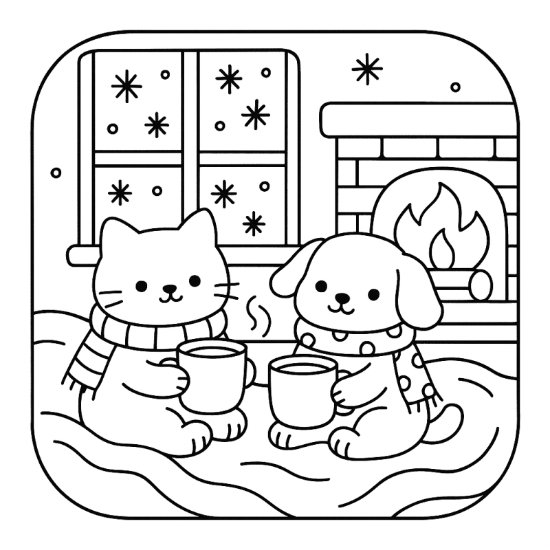 Desenho de um gato e um cachorro acolhedores na lareira para colorir
