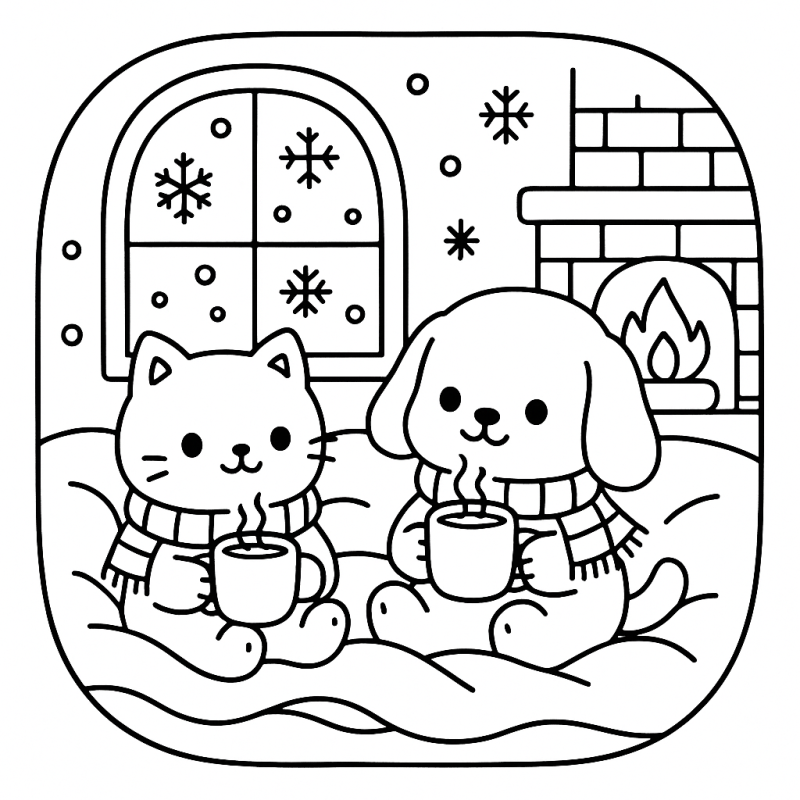 Desenho de um gato e um cachorro aconchegantes no inverno para colorir