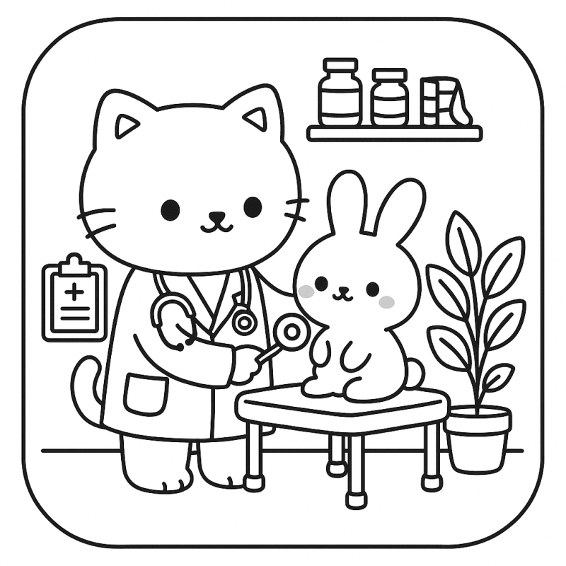 Desenho de um veterinário gato com jaleco examinando um coelho fofo em uma clínica veterinária