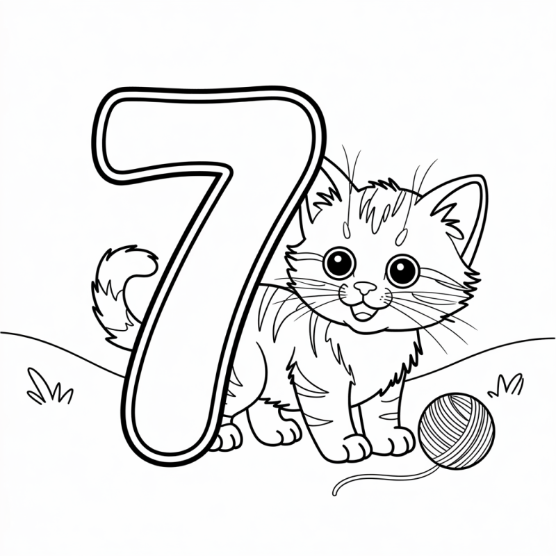 Desenho de um gato alegre com o número 7 para colorir