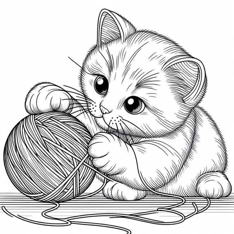 Desenho de gato curioso brincando com novelo de lã para colorir