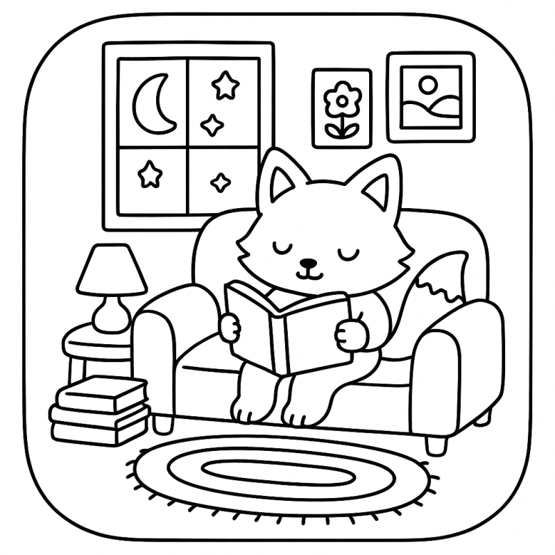 Desenho de um gato lendo em um sofá em estilo boobie goods