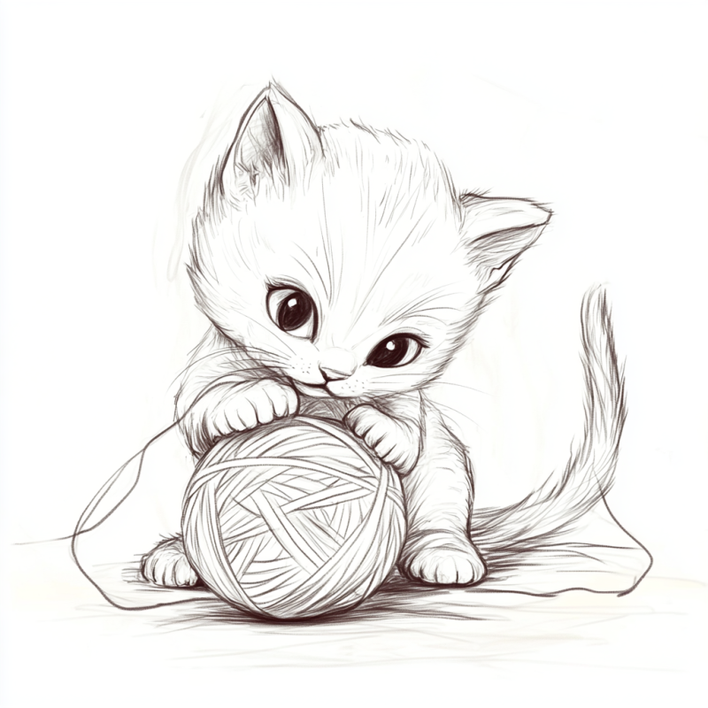 Adorável filhote de gato com novelo de lã em estilo line art para colorir